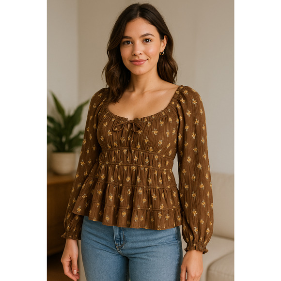 Altar'd State Tops - Altar’d State Kelcie Floral Babydoll Top Womens M Brown Dainty Cottage Prairie